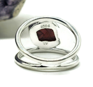 Garnet Ring, Size N, January Birthstone, Double Band Ring, Sterling Silver, Raw Gemstone