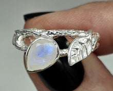 Load image into Gallery viewer, Rainbow Moonstone Leaf Ring, Size Q, Sterling Silver, Pear Shaped, Psychic Protection