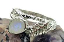 Load image into Gallery viewer, Rainbow Moonstone Leaf Ring, Size Q, Sterling Silver, Pear Shaped, Psychic Protection