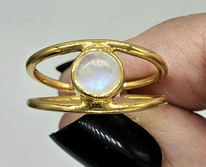 Rainbow Moonstone Ring, Gold Plated Sterling Silver, Size O, Round Cabochon, Split Band