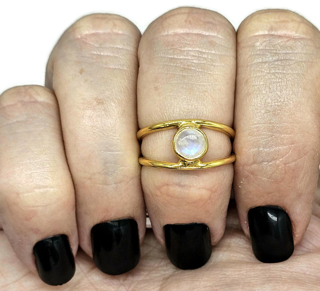 Rainbow Moonstone Ring, Gold Plated Sterling Silver, Size O, Round Cabochon, Split Band