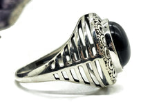 Load image into Gallery viewer, Round Black Onyx Ring, Size R 1/2, Sterling Silver, Halo Design, Strength Giving