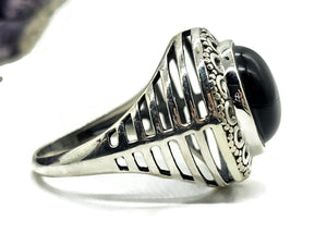 Round Black Onyx Ring, Size R 1/2, Sterling Silver, Halo Design, Strength Giving