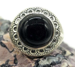 Round Black Onyx Ring, Size R 1/2, Sterling Silver, Halo Design, Strength Giving