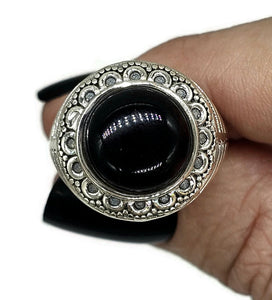 Round Black Onyx Ring, Size R 1/2, Sterling Silver, Halo Design, Strength Giving