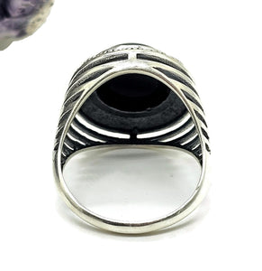 Round Black Onyx Ring, Size R 1/2, Sterling Silver, Halo Design, Strength Giving