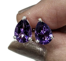 Load image into Gallery viewer, Teardrop Amethyst Studs, 5.5 carats, Sterling Silver, Pear Faceted, Solitaire studs, Prong set