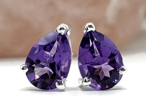 Teardrop Amethyst Studs, 5.5 carats, Sterling Silver, Pear Faceted, Solitaire studs, Prong set