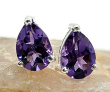 Load image into Gallery viewer, Teardrop Amethyst Studs, 5.5 carats, Sterling Silver, Pear Faceted, Solitaire studs, Prong set