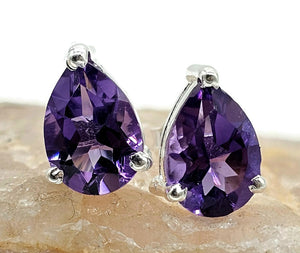 Teardrop Amethyst Studs, 5.5 carats, Sterling Silver, Pear Faceted, Solitaire studs, Prong set