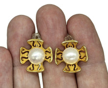 Load image into Gallery viewer, Floral Pearl Stud Earrings, Gold Plated Sterling Silver, White Pearl Studs, Flower Design