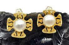 Load image into Gallery viewer, Floral Pearl Stud Earrings, Gold Plated Sterling Silver, White Pearl Studs, Flower Design