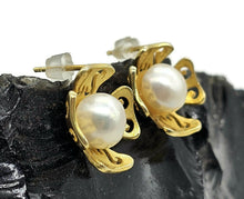 Load image into Gallery viewer, Floral Pearl Stud Earrings, Gold Plated Sterling Silver, White Pearl Studs, Flower Design