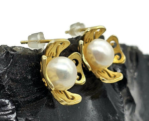 Floral Pearl Stud Earrings, Gold Plated Sterling Silver, White Pearl Studs, Flower Design