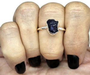 Rough Sapphire Ring, Size S, September Birthstone, Sterling Silver, Raw Blue Sapphire