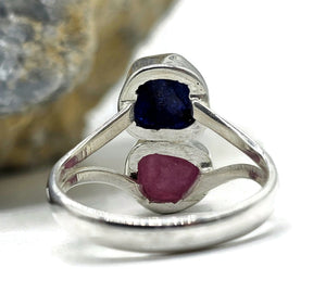 Raw Ruby & Raw Sapphire Ring, Size S, July / September Birthstones, Sterling Silver