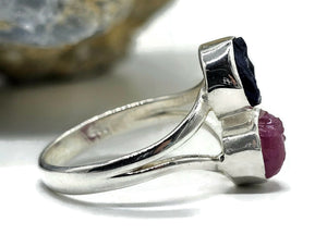 Raw Ruby & Raw Sapphire Ring, Size S, July / September Birthstones, Sterling Silver