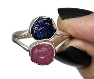 Raw Ruby & Raw Sapphire Ring, Size S, July / September Birthstones, Sterling Silver