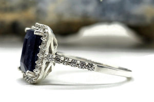 Rectangle Sapphire & White Zircon Halo Ring, September Birthstone, Size Q, Sterling Silver