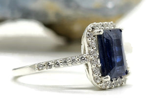 Rectangle Sapphire & White Zircon Halo Ring, September Birthstone, Size Q, Sterling Silver