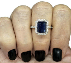 Rectangle Sapphire & White Zircon Halo Ring, September Birthstone, Size Q, Sterling Silver