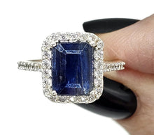 Load image into Gallery viewer, Rectangle Sapphire &amp; White Zircon Halo Ring, September Birthstone, Size Q, Sterling Silver