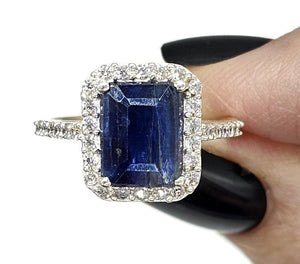 Rectangle Sapphire & White Zircon Halo Ring, September Birthstone, Size Q, Sterling Silver