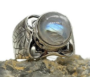 Statement Moonstone Ring, Size N, Sterling Silver, Round Cabochon, Psychic Protection