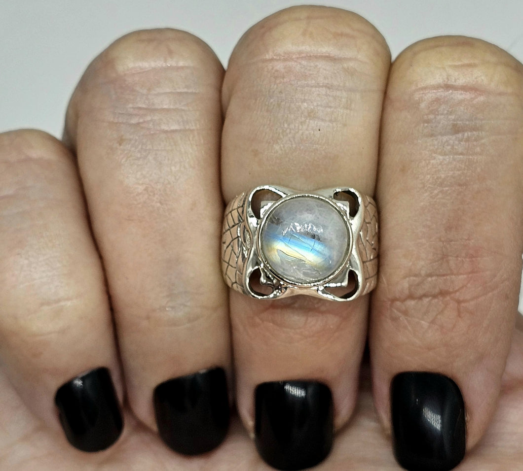 Statement Moonstone Ring, Size N, Sterling Silver, Round Cabochon, Psychic Protection