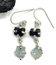 Load image into Gallery viewer, Black Tourmaline &amp; Aquamarine Earrings, Sterling Silver, Raw Gemstones, RAW Gemstone