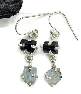 Black Tourmaline & Aquamarine Earrings, Sterling Silver, Raw Gemstones, RAW Gemstone