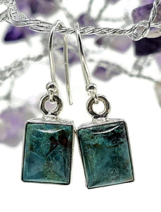 Chrysocolla Earrings, Rectangle Shaped, Sterling Silver, Green Blue Gemstone