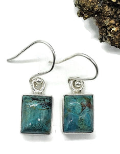 Chrysocolla Earrings, Rectangle Shaped, Sterling Silver, Green Blue Gemstone