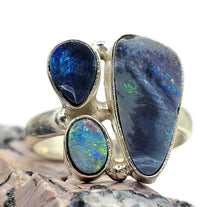 Load image into Gallery viewer, Australian Opal Ring, Size Q, Three Stone Ring, Sterling Silver, Aura Gem, Psychic Gem