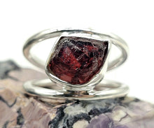 Load image into Gallery viewer, Garnet Ring, Size N, January Birthstone, Double Band Ring, Sterling Silver, Raw Gemstone