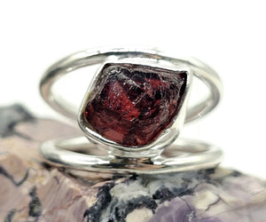 Garnet Ring, Size N, January Birthstone, Double Band Ring, Sterling Silver, Raw Gemstone