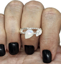 Load image into Gallery viewer, Rainbow Moonstone Leaf Ring, Size Q, Sterling Silver, Pear Shaped, Psychic Protection