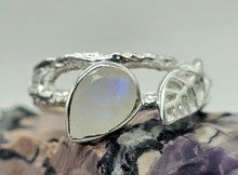 Load image into Gallery viewer, Rainbow Moonstone Leaf Ring, Size Q, Sterling Silver, Pear Shaped, Psychic Protection