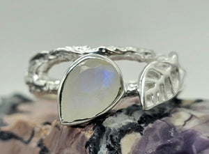 Rainbow Moonstone Leaf Ring, Size Q, Sterling Silver, Pear Shaped, Psychic Protection