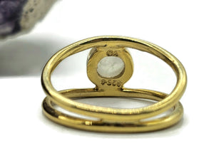 Rainbow Moonstone Ring, Gold Plated Sterling Silver, Size O, Round Cabochon, Split Band