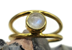 Rainbow Moonstone Ring, Gold Plated Sterling Silver, Size O, Round Cabochon, Split Band