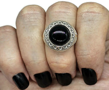 Load image into Gallery viewer, Round Black Onyx Ring, Size R 1/2, Sterling Silver, Halo Design, Strength Giving