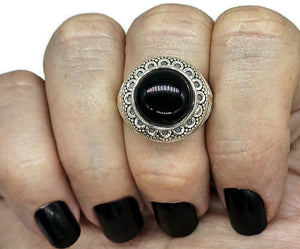 Round Black Onyx Ring, Size R 1/2, Sterling Silver, Halo Design, Strength Giving