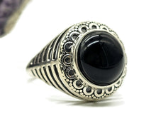 Load image into Gallery viewer, Round Black Onyx Ring, Size R 1/2, Sterling Silver, Halo Design, Strength Giving