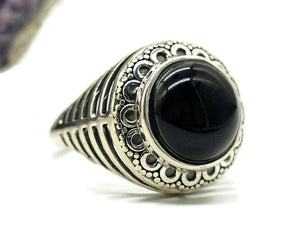 Round Black Onyx Ring, Size R 1/2, Sterling Silver, Halo Design, Strength Giving