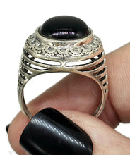 Load image into Gallery viewer, Round Black Onyx Ring, Size R 1/2, Sterling Silver, Halo Design, Strength Giving