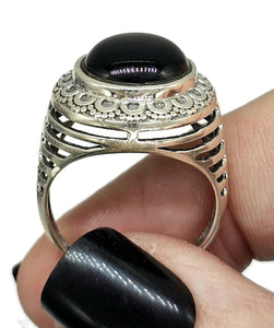 Round Black Onyx Ring, Size R 1/2, Sterling Silver, Halo Design, Strength Giving