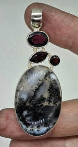 Rhodolite Garnet & Dendritic Agate Pendant, Sterling Silver, Multi-gemstone Pendant