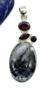 Rhodolite Garnet & Dendritic Agate Pendant, Sterling Silver, Multi-gemstone Pendant