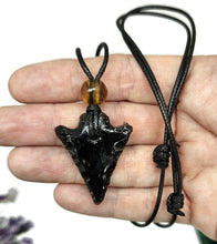 Load image into Gallery viewer, Black Obsidian &amp; Amber Necklace, Adjustable Black Cord, Arrowhead Design